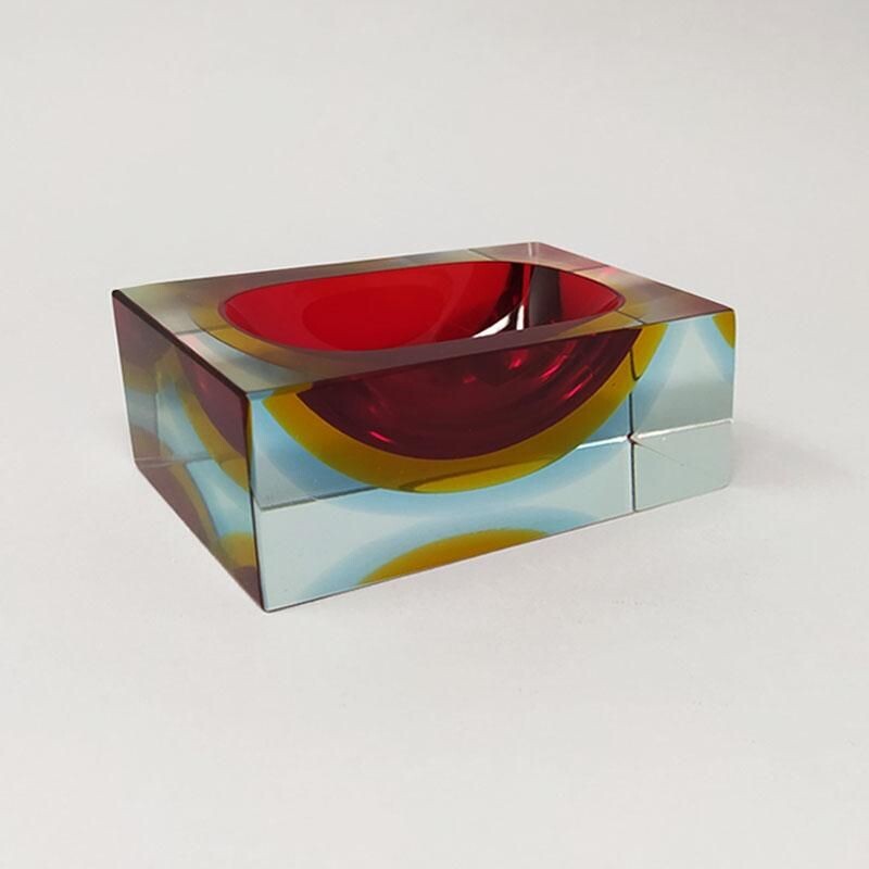 Vintage rectangular red and blue ashtray or empty pocket in Murano glass by Flavio Poli for Seguso 1960