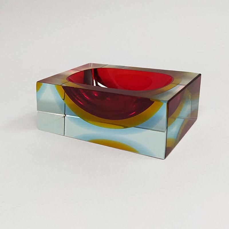 Vintage rectangular red and blue ashtray or empty pocket in Murano glass by Flavio Poli for Seguso 1960