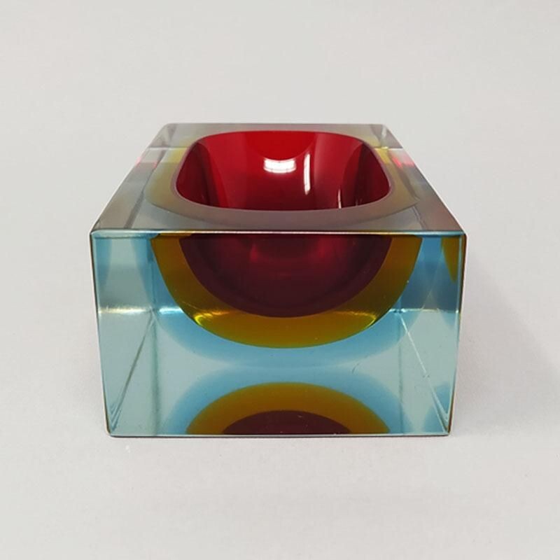 Vintage rectangular red and blue ashtray or empty pocket in Murano glass by Flavio Poli for Seguso 1960