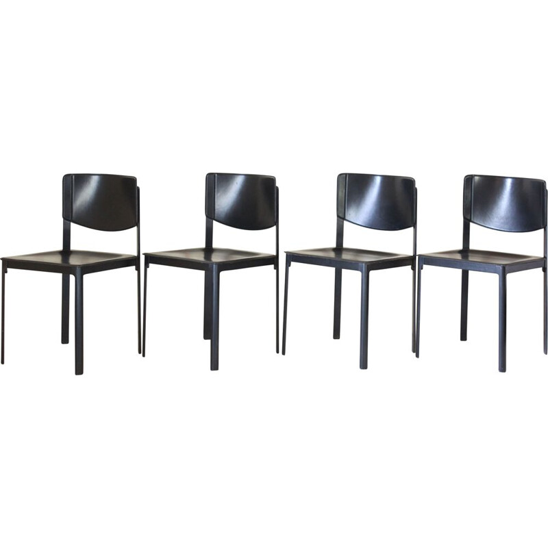 Vintage Postmodern Black Leather Dining Chairs By Matteo Grassi 1980s