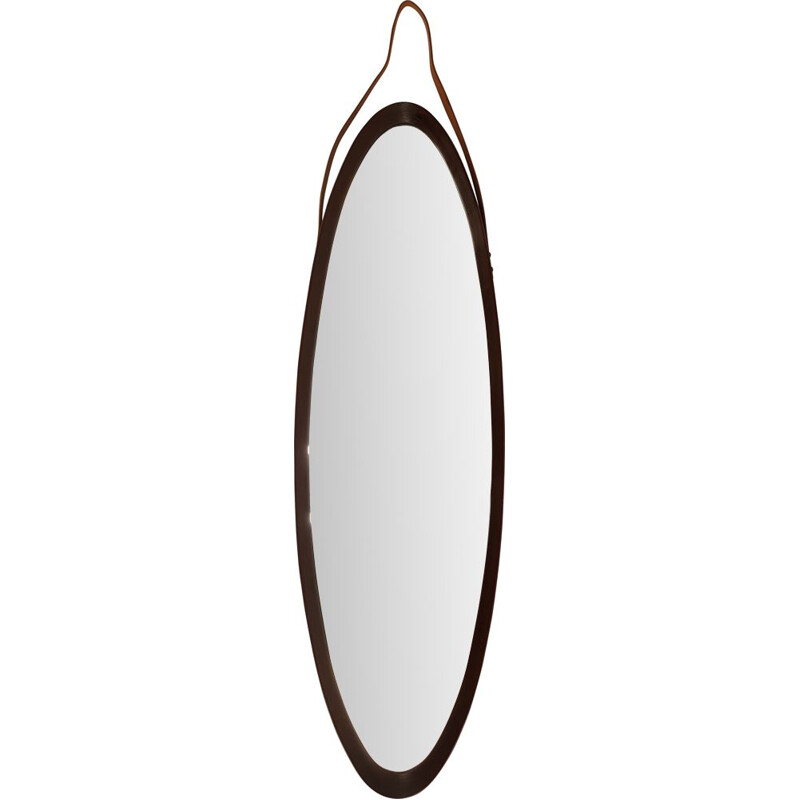 Vintage oval wall mirror in teak, Italian 1950s