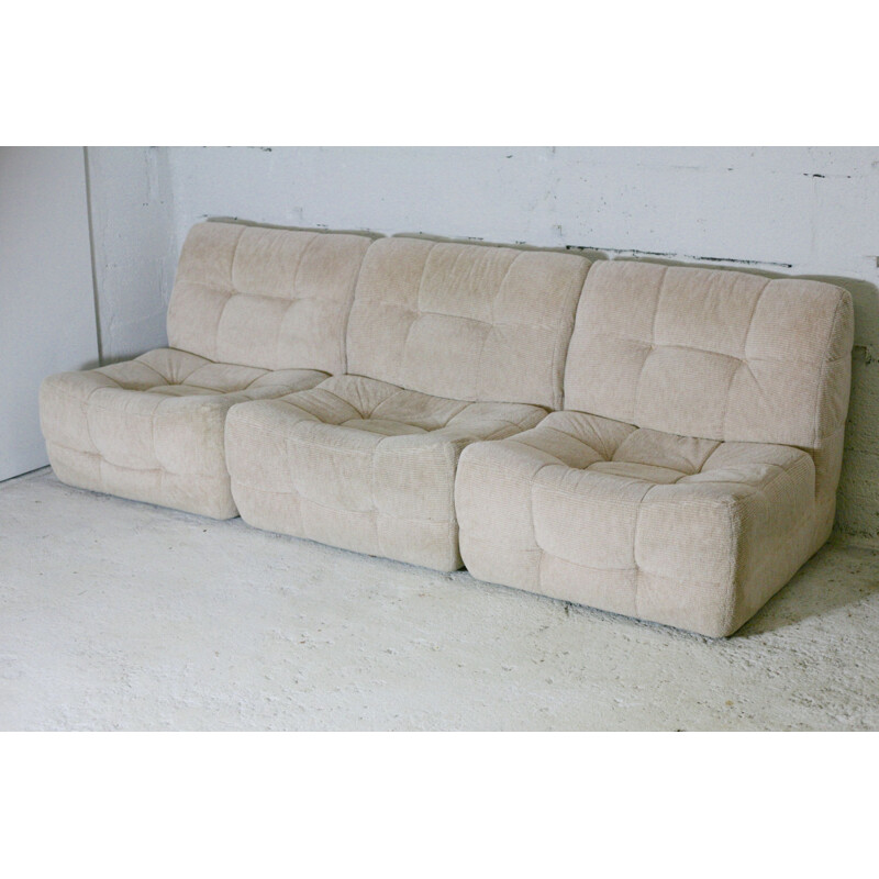 Vintage modulable sofa composed of 3 beige foam and velvet Beka, France 1970