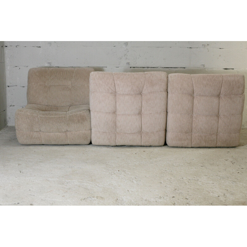 Vintage modulable sofa composed of 3 beige foam and velvet Beka, France 1970