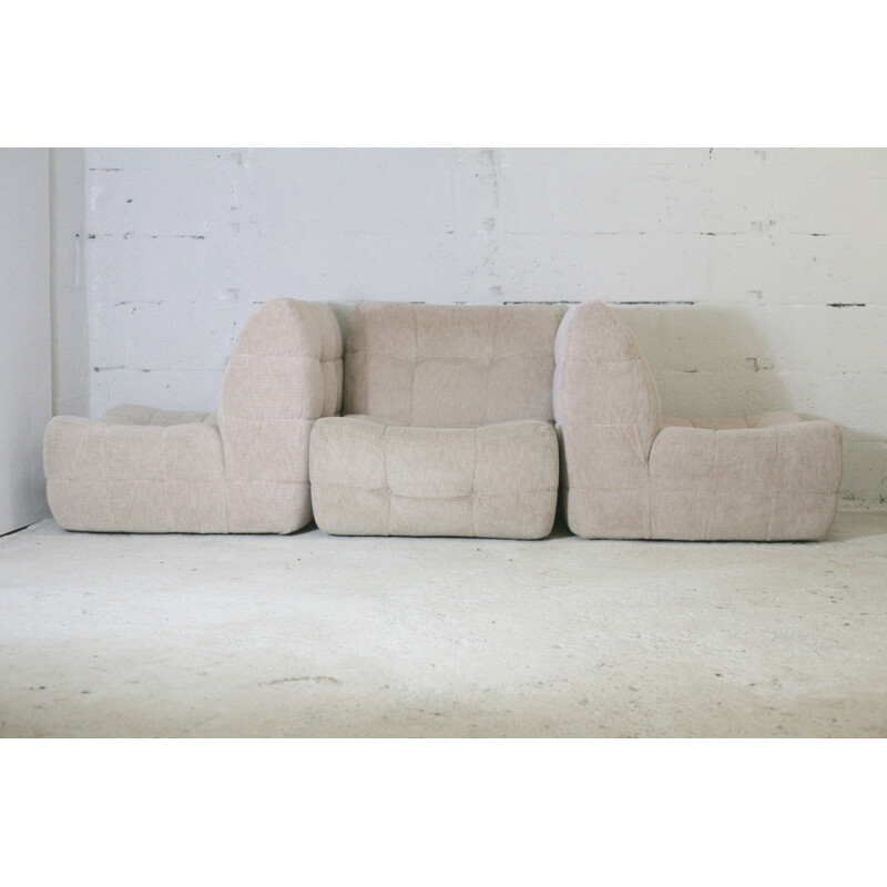 Vintage modulable sofa composed of 3 beige foam and velvet Beka, France 1970