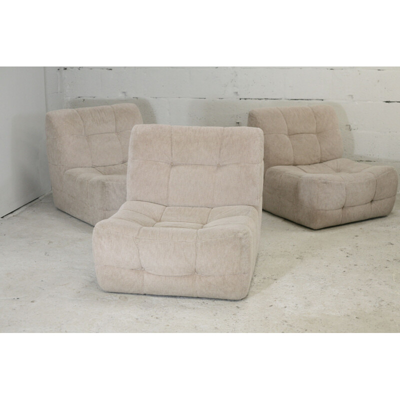 Vintage modulable sofa composed of 3 beige foam and velvet Beka, France 1970