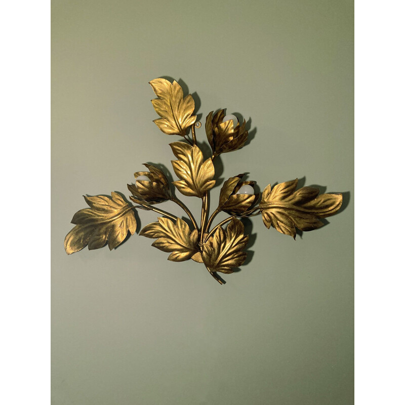 Vintage gold leaf metal wall lamp by Hans Kögl, Belgian 1970s