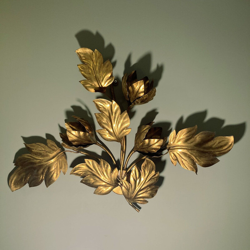Vintage gold leaf metal wall lamp by Hans Kögl, Belgian 1970s