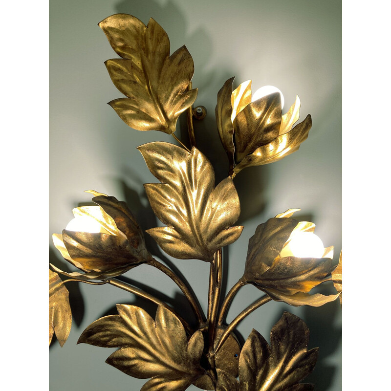 Vintage gold leaf metal wall lamp by Hans Kögl, Belgian 1970s