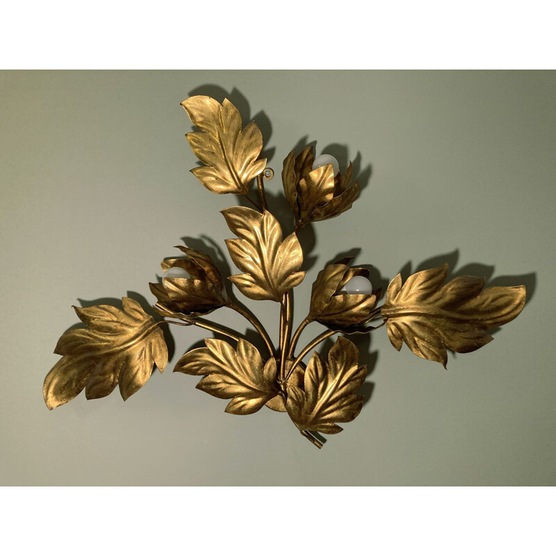 Vintage gold leaf metal wall lamp by Hans Kögl, Belgian 1970s