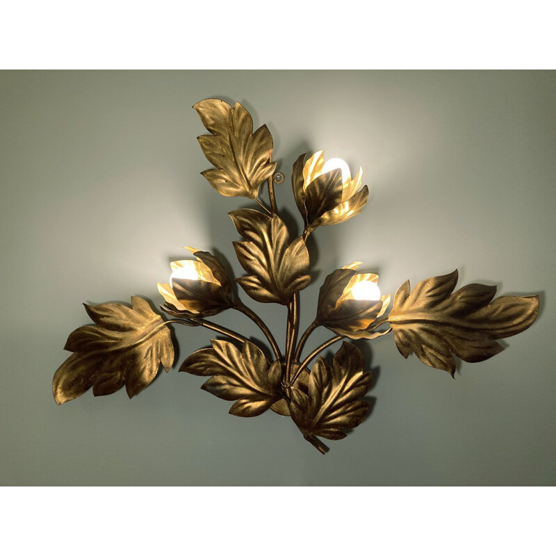 Vintage gold leaf metal wall lamp by Hans Kögl, Belgian 1970s