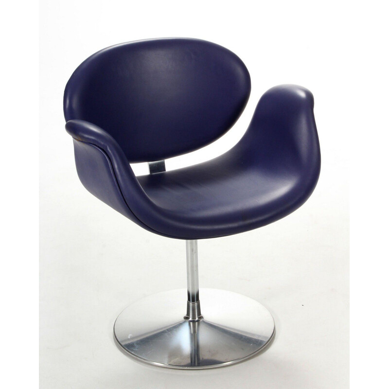 Fauteuil vintage Tulipe en cuir bleu de Pierre Paulin