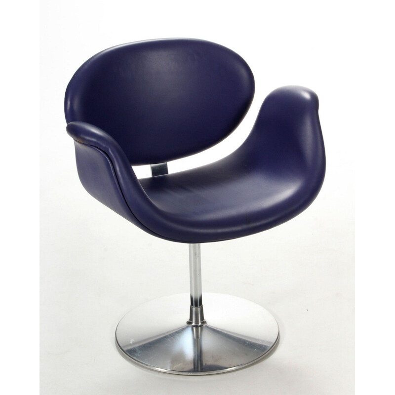 Vintage Tulip blue leather armchair by Pierre Paulin
