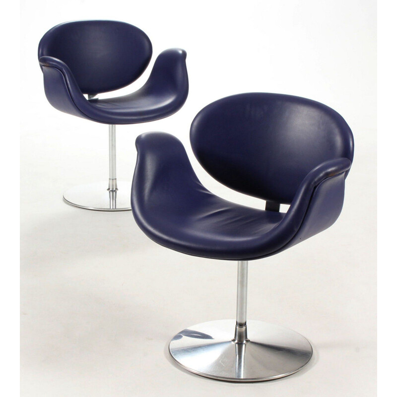 Vintage Tulip blue leather armchair by Pierre Paulin