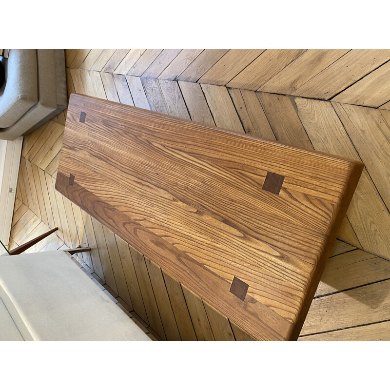 Vintage elm coffee table "T08" by Pierre Chapo 1950s