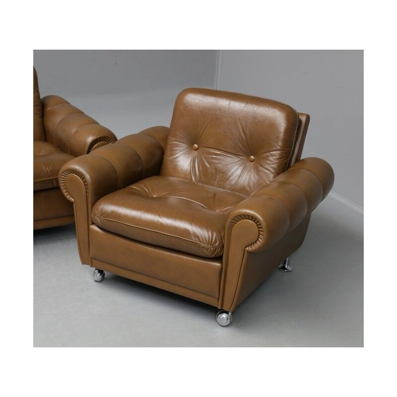 Canapé vintage en cuir avec 2 fauteuils