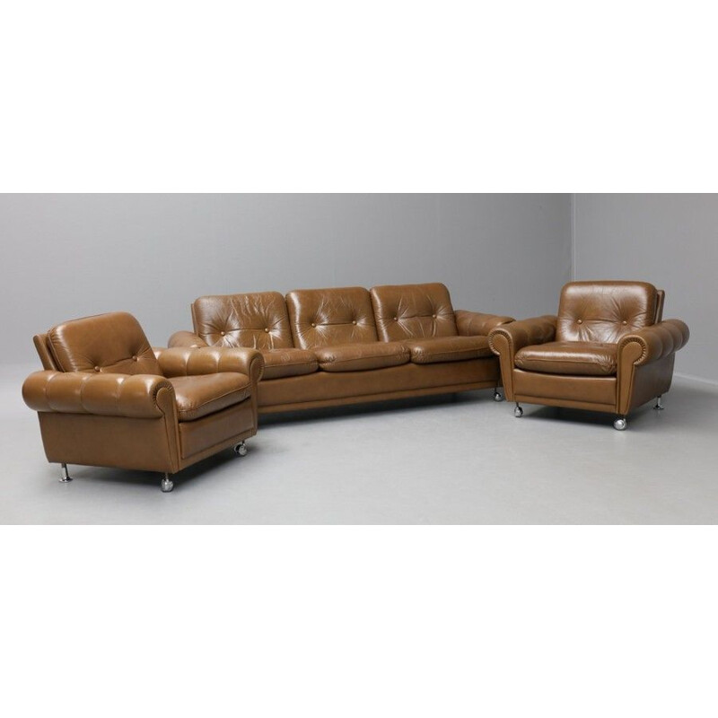 Vintage Leather Sofa With 2 Armchairs