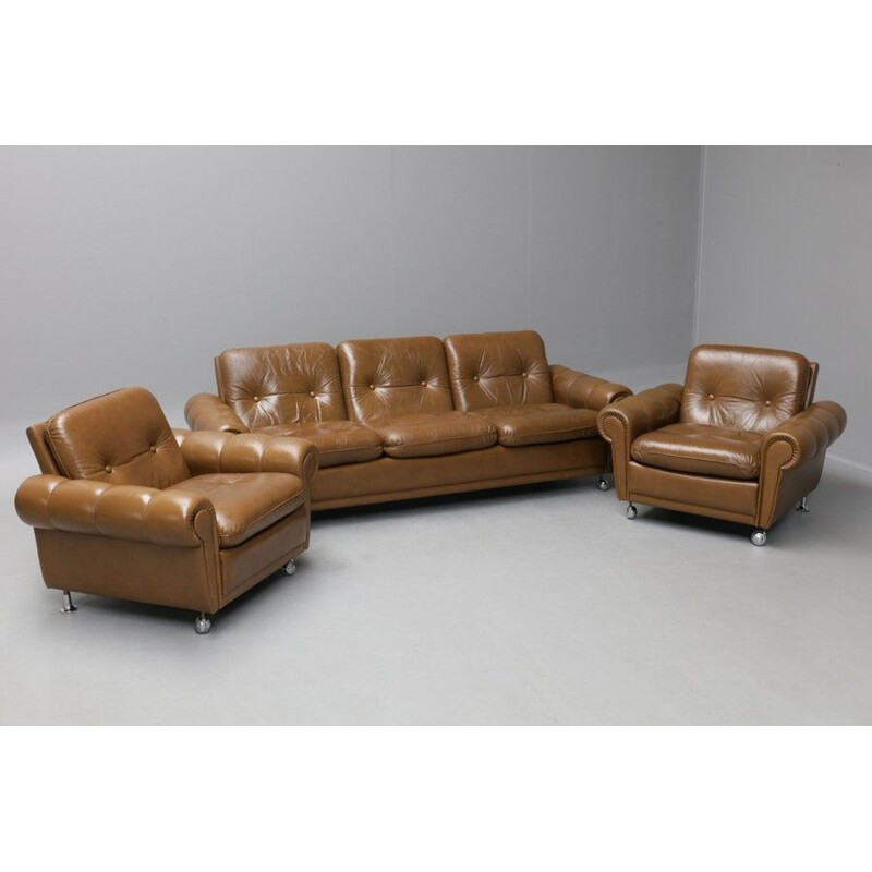 Vintage Leather Sofa With 2 Armchairs