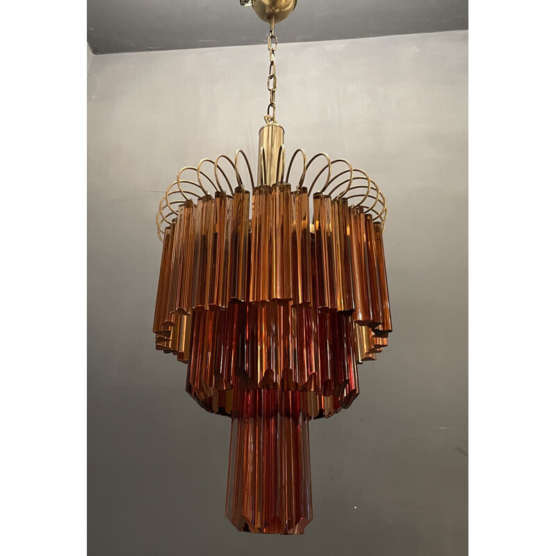 Large vintage Murano Glass Prism Rose Caramel Chandelier by Venini Paolo 1960s