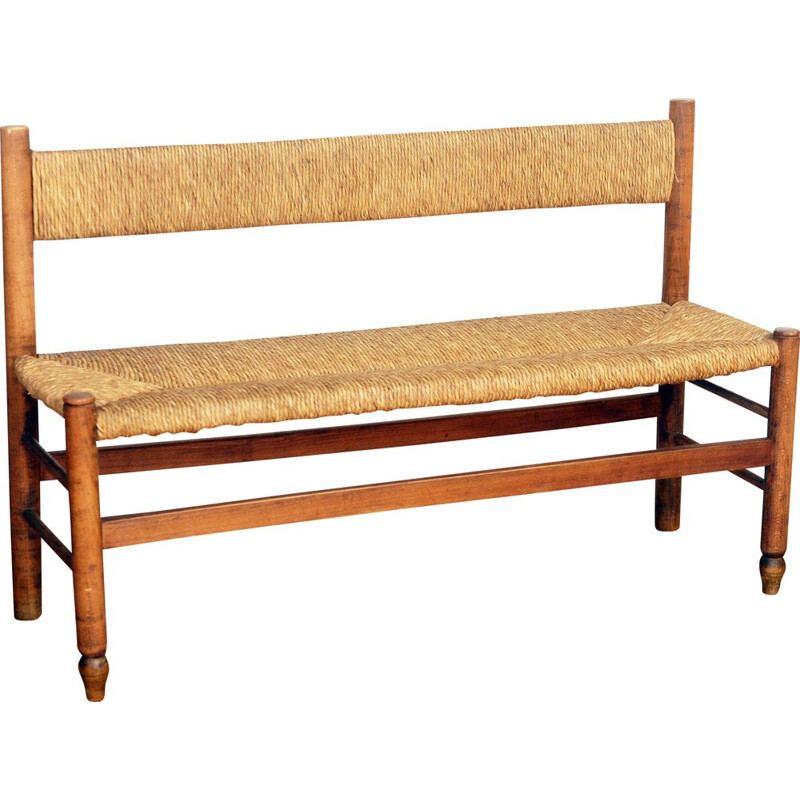 Vintage straight bench and its return in ash and straw 1960