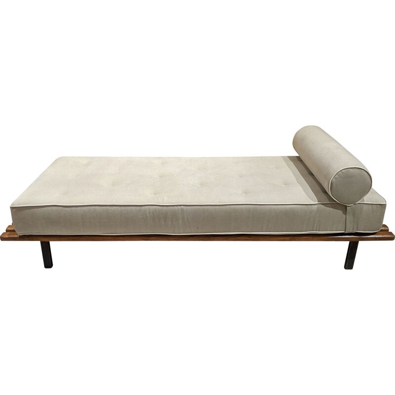 Vintage Cansado bench with grey mattress and cushion by Charlotte Perriand 1954