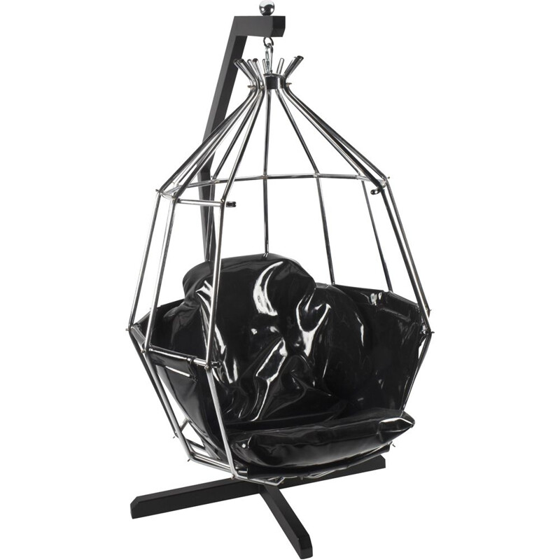 Chaise pivotante vintage noire en forme de cage à perroquet par Ib Arberg, Suède 1970