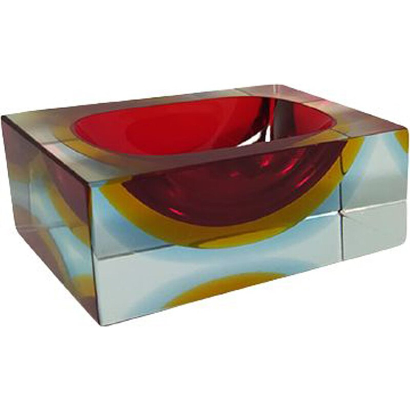 Vintage rectangular red and blue ashtray or empty pocket in Murano glass by Flavio Poli for Seguso 1960