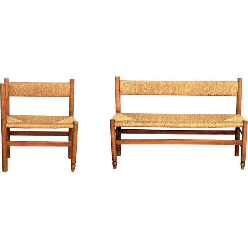 Vintage straight bench and its return in ash and straw 1960