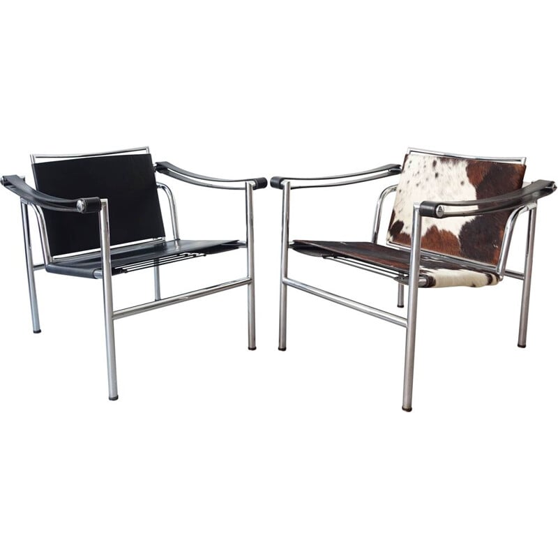 Paire de fauteuils vintage LC1 de Perriand Jeanneret et Le Corbusier 1970