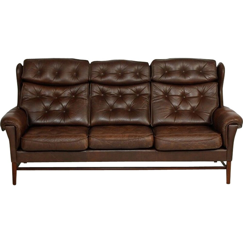 Vintage 3 Seater Leather Sofa, Danish 1970s