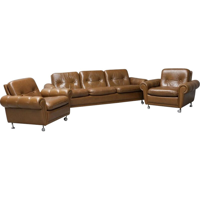 Vintage Leather Sofa With 2 Armchairs