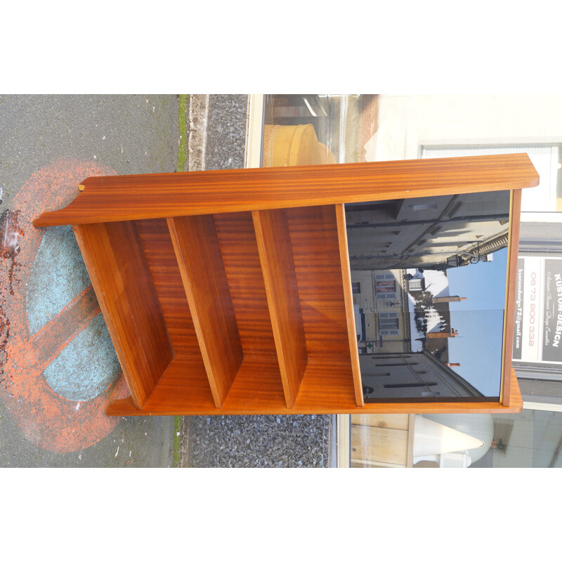 Vintage trapeze bookcase in wood and glass 1950s