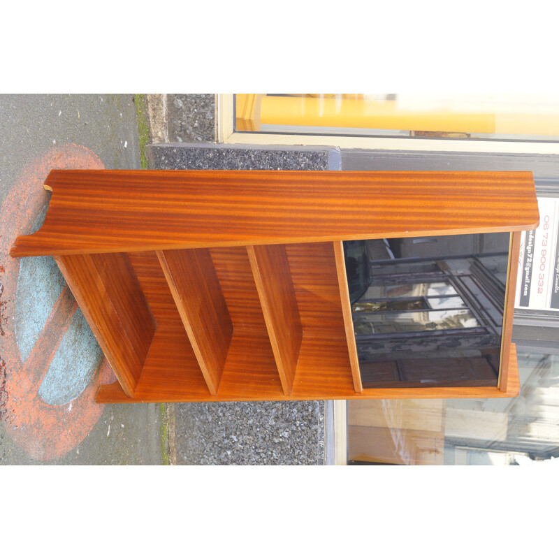 Vintage trapeze bookcase in wood and glass 1950s