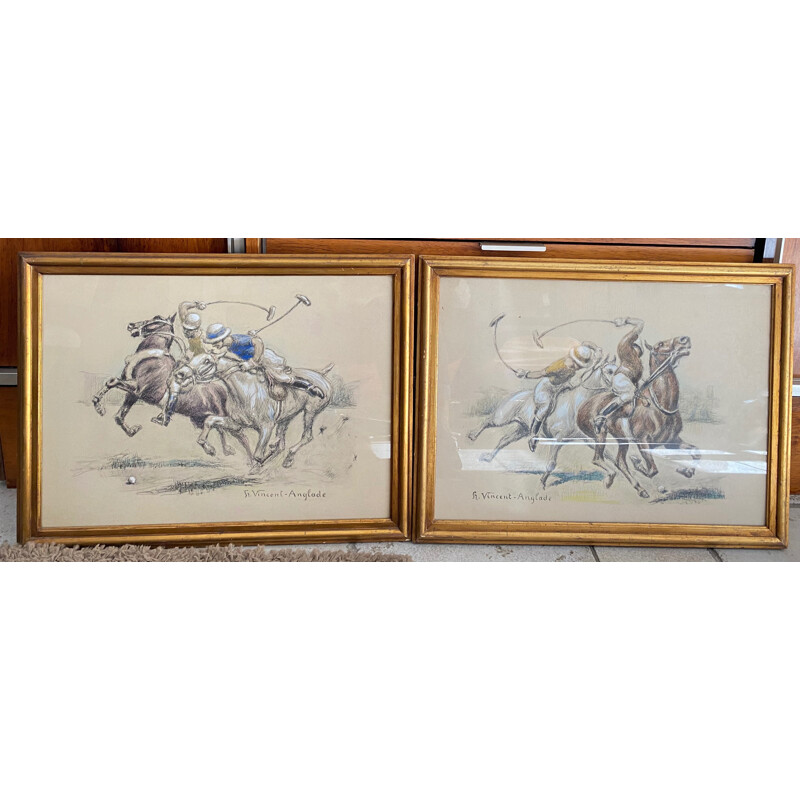Pair of vintage Henri Vincent Anglade "Polo Players" Pastels 1930s