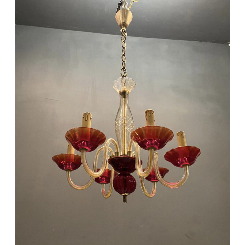 Vintage Venetian Ruby Red Murano Glass Chandelier, UK