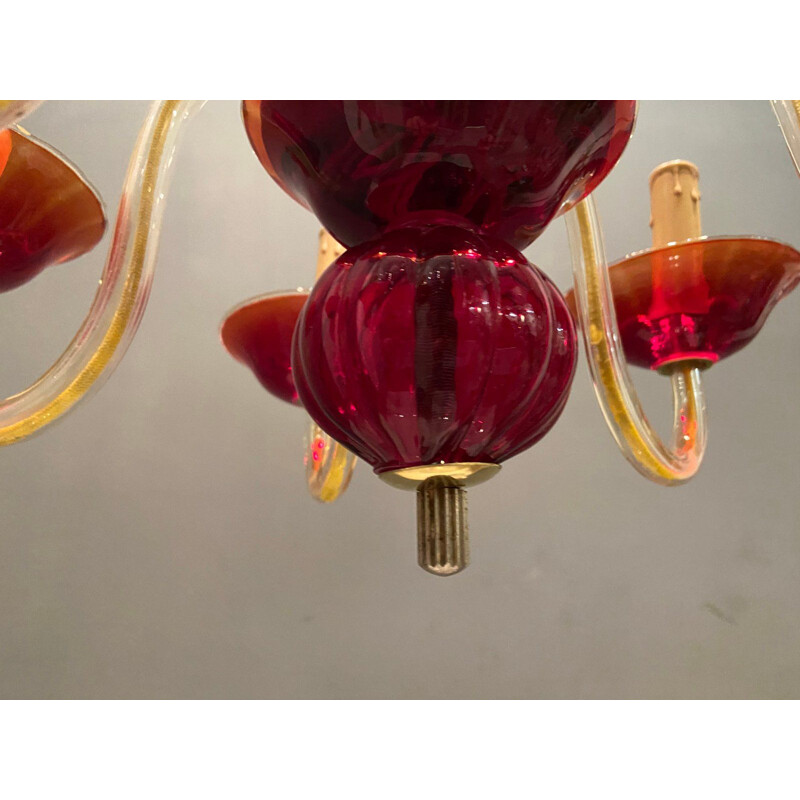 Lustre vintage en verre de Murano rouge rubis vénitien, Royaume-Uni