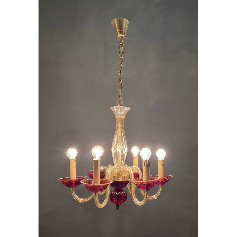 Vintage Venetian Ruby Red Murano Glass Chandelier, UK