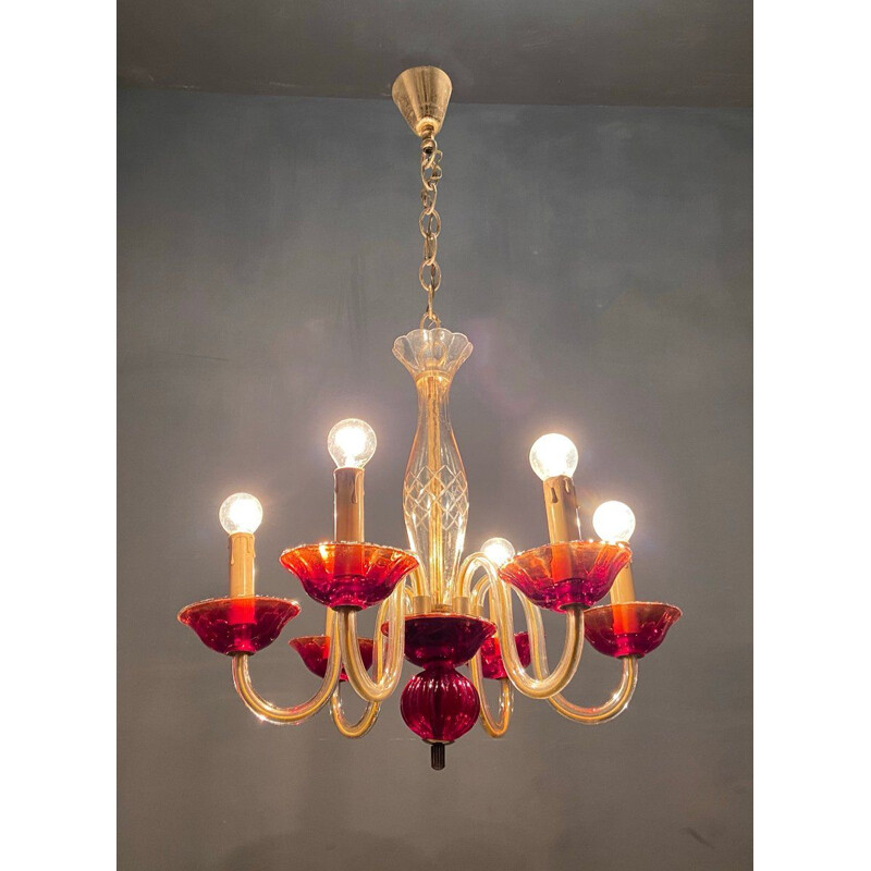 Vintage Venetian Ruby Red Murano Glass Chandelier, UK