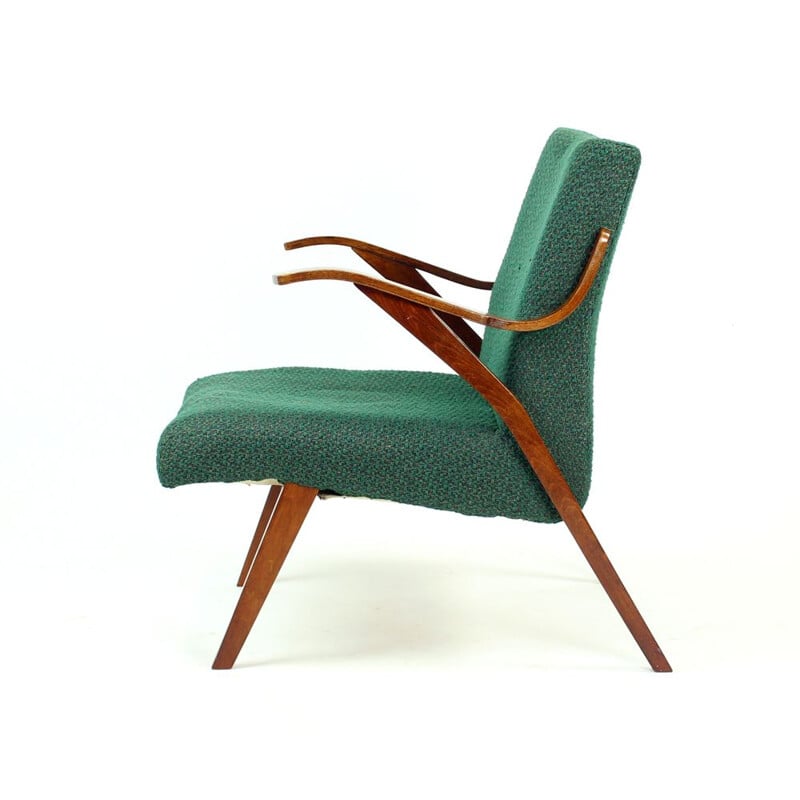 Fauteuil vintage en bois courbé dans son tissu vert d'origine par Mier, Tchécoslovaquie 1964