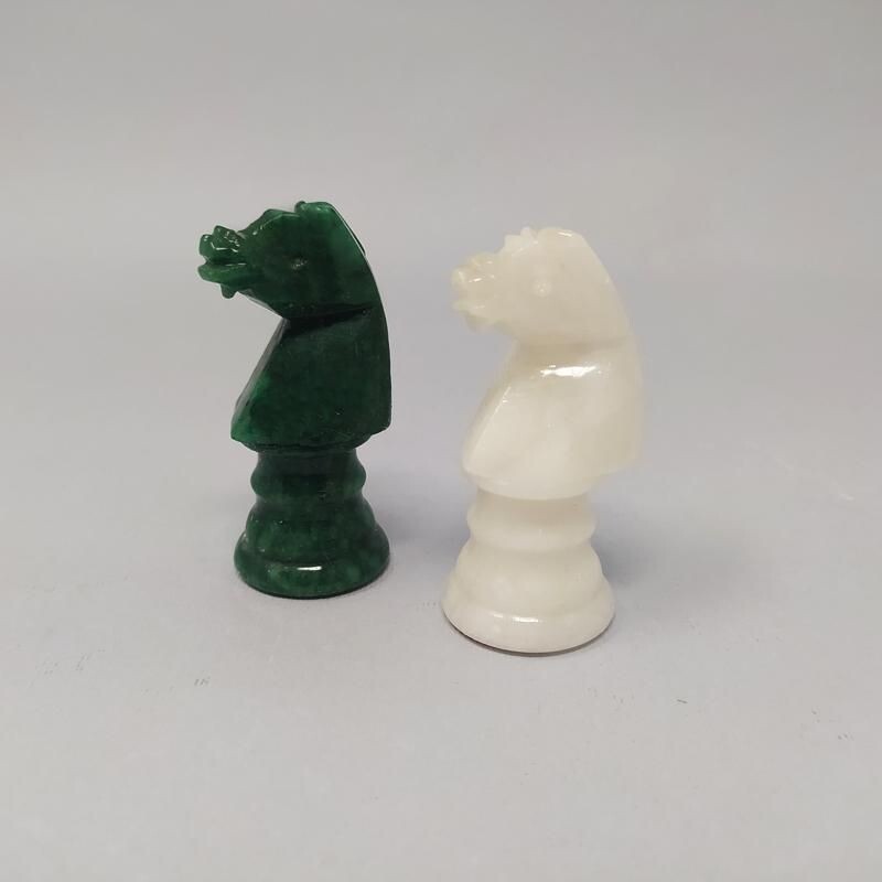 Vintage Green and White Chess Set in Volterra Alabaster Handmade, Italy 1970s