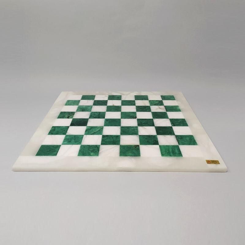 Jeu d'échecs vintage vert et blanc en albâtre de Volterra, fait à la main, Italie 1970