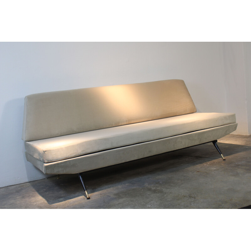 Vintage Sofa in dove gray velvet brass pin feet, Italy 1950s