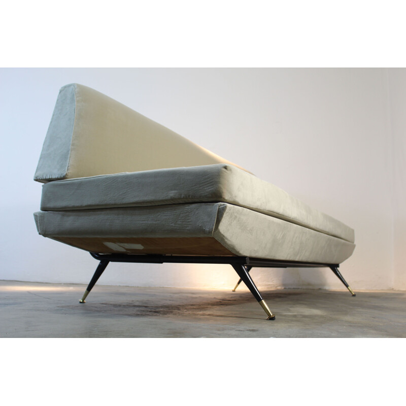 Vintage Sofa in dove gray velvet brass pin feet, Italy 1950s