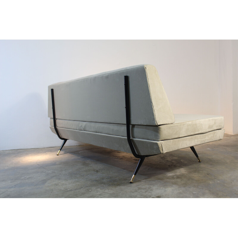 Vintage Sofa in dove gray velvet brass pin feet, Italy 1950s