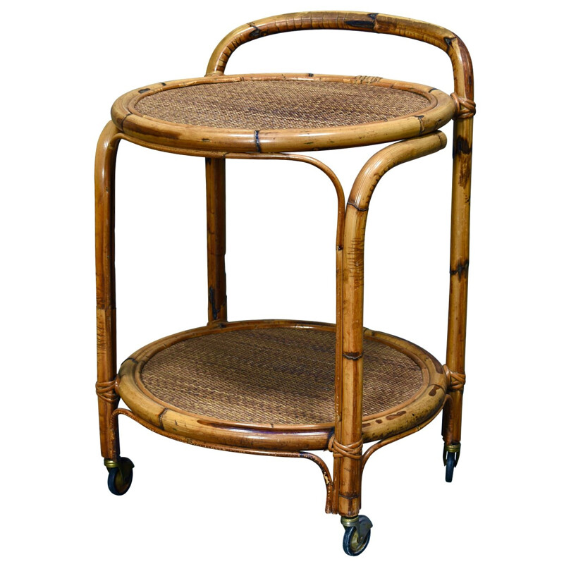 Vintage "french Riviera" Bamboo and Rattan Bart cart, France 1960s