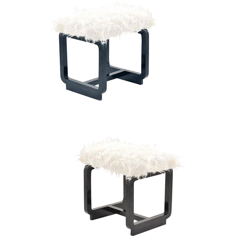 Pair of stools in lamb fur and black wood - 1950s