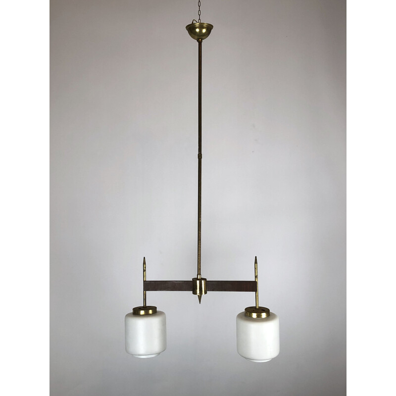 Vintage chandelier with two lights in brass wood and opaline, Italy 1950