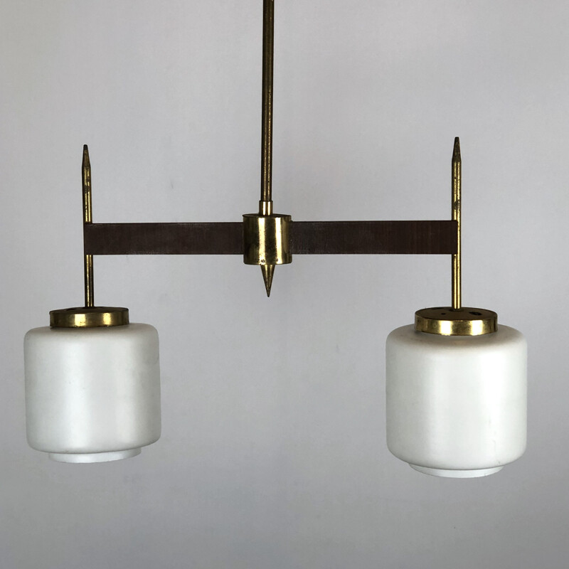 Vintage chandelier with two lights in brass wood and opaline, Italy 1950