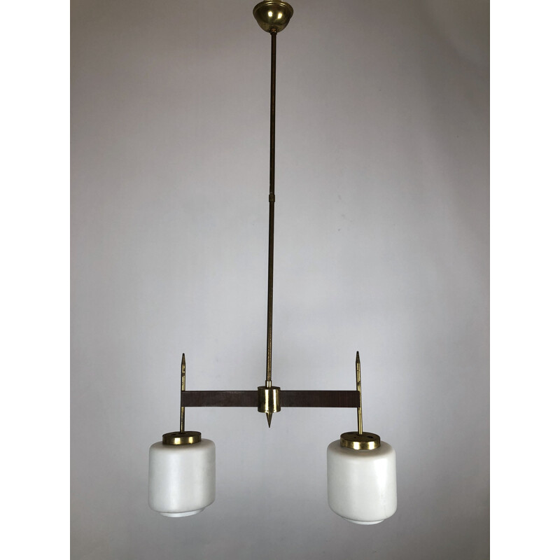 Lampadario d'epoca a due luci in ottone e opalina, Italia 1950