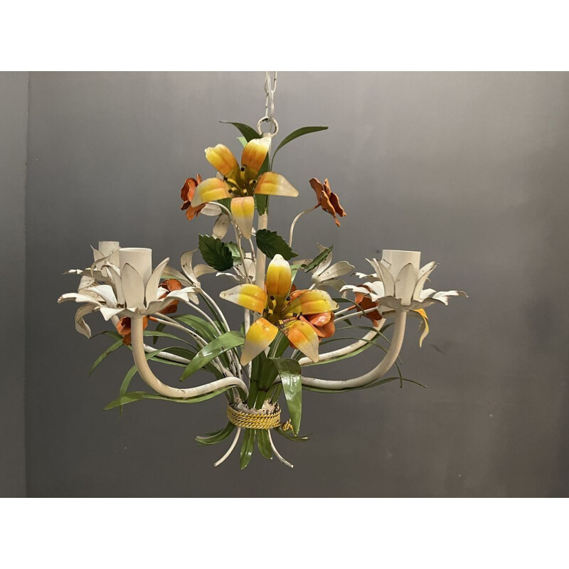 Vintage Tole Flower Chandelier, Italian 1960s