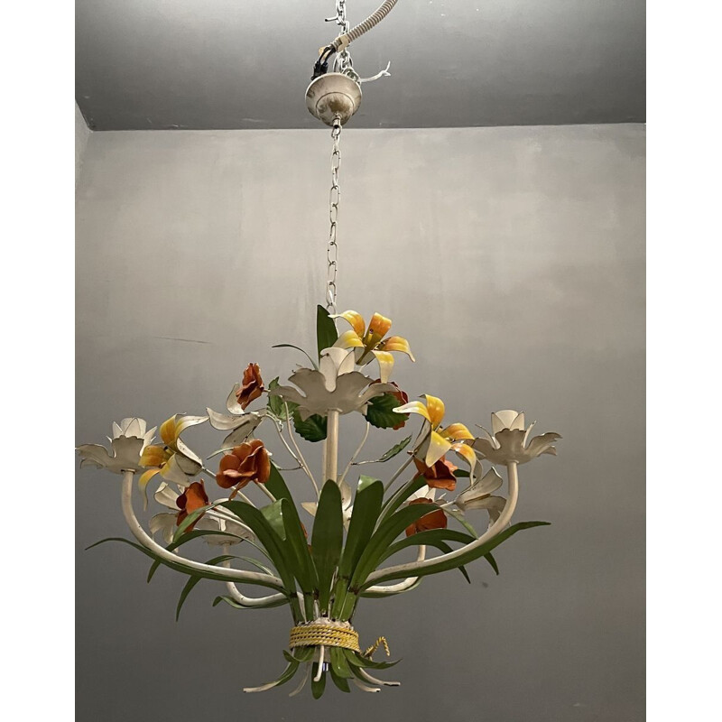 Vintage Tole Flower Chandelier, Italian 1960s